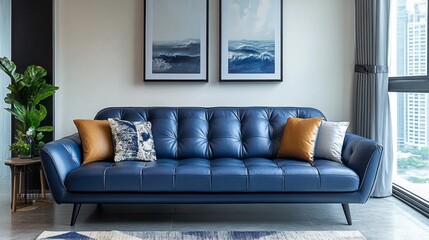 Fototapeta premium Modern blue leather sofa adorned with vibrant pillows sits gracefully in a chic apartment. Bright natural light filters through expansive windows, enhancing the inviting atmosphere