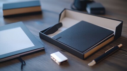 Elegant stationery set featuring a journal, pen, and accessories on dark wood