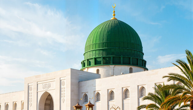 Majestic green dome of The Prophet&rsquo;s Mosque under blue sky, architectural beauty