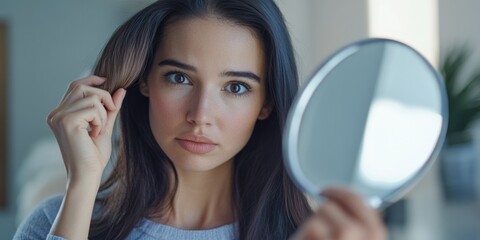 Fototapeta premium Young woman touching her face as she looks in the mirror. Reflection of a vanity mirror behind her.