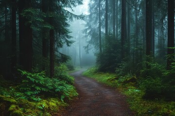 Fototapeta premium A misty path through towering evergreens, where nature's silence is only broken by rustling leaves.