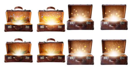 Magical Treasure Chests with Bright Glowing Light Effects, PNG bundle collection, Isolated on Transparent Background