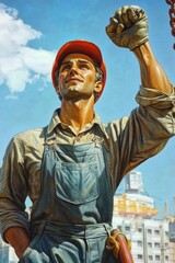 Obraz premium A man in a blue overalls is holding his hand up in the air. The man is wearing a red hat and a red shirt. The man is wearing a hard hat and a pair of gloves