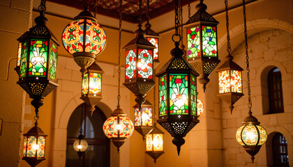 Colorful stained glass lanterns illuminating traditional room, warm ambiance