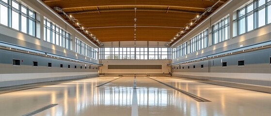 Empty bowling alley interior with lanes, lights, wood ceiling, and windows