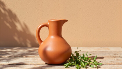 Traditional Mexican clay cantaro jug on wooden table, cultural heritage
