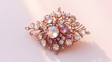 Fototapeta premium Brooch with gemstones in rose gold style in pink, purple, and clear colors for elegant jewelry