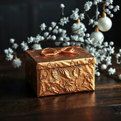 Copper leaf wrapped box on a dark wood table near a branch with white glass ornaments, ornate, dark