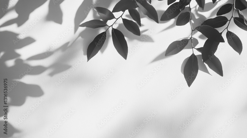 Poster delicate leaves cast intricate shadows on a plain white wall, creating a captivating play of light a