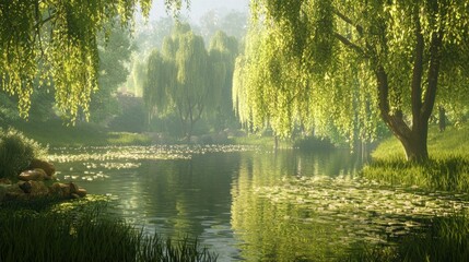 Fototapeta premium Sunlit pond in a willow tree grove.