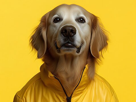 A golden retriever wearing a yellow jacket stares at the viewer - Powered by Adobe