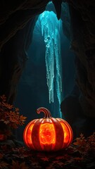 Naklejka premium Crystal pumpkin glowing in the darkness of a cave, autumn, cave, stalactites