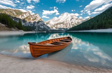 Serene Wooden Rowboat Floating on Crystal Clear Lake Surrounded by Majestic Mountains and Lush Forest