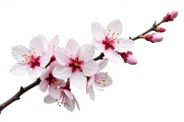 Delicate cherry blossom branch isolated on white background, flowers, foliage