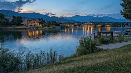 Fototapeta premium Lakeside houses at twilight, reflecting lights on calm water.