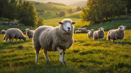 Fototapeta premium presence of both livestock and meadows represents harmonious relationship between happy sheep, lush fields, and crucial role they play in agriculture and pastoral customs