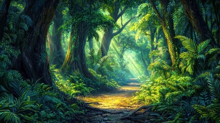 Fototapeta premium Sunlit path through lush green rainforest.