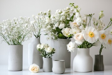 Fototapeta premium Beautiful white flowers arranged in various modern minimalist vases