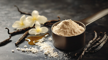 Fototapeta premium Vanillin Powder with Vanilla Beans and Flowers on Dark Stone Surface