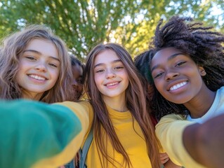 Fototapeta premium Smiling group of teenage girls taking selfie together. Friendly, candid moment. Outdoor urban setting.