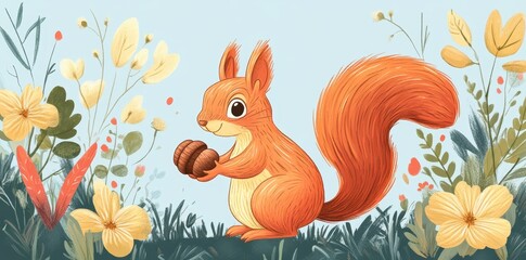 A Cartoon Squirrel Holding Nuts Among Colorful Floral Vegetation