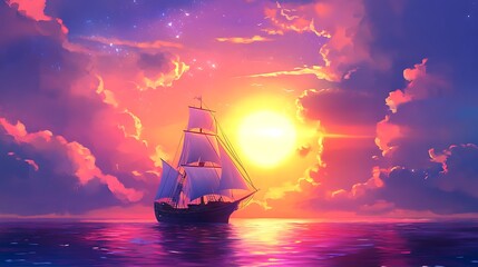 Obraz premium Sailboat at sunset, vibrant sky, ocean.