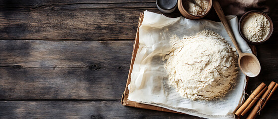 Rustic baking essentials on a textured wooden background, including flour sack, wheat, and organic cooking elements