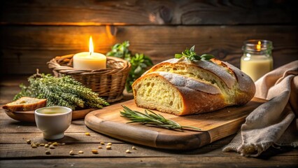 Artisan Loaf of Bread with Herbs and Candlelight on Rustic Wooden Table