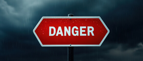 Menacing Skies, A stark red danger sign stands out against a stormy backdrop, warning of potential hazards ahead