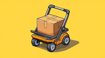 Naklejka premium Cartoon Illustration: Small Delivery Cart with Package on Yellow Background AI Generated