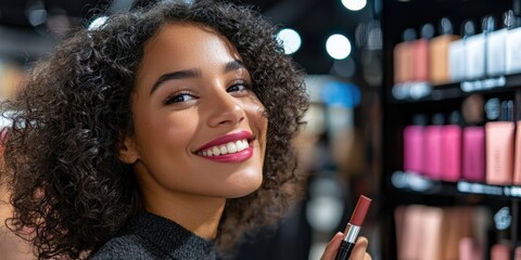 A woman trying on bold lipstick shades in a boutique, with a mirror reflecting her smile