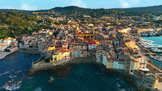 Saint Tropez aerial view in French Riviera, travel in Cote d Azur, drone shot of Saint Tropez is a luxury resort in France