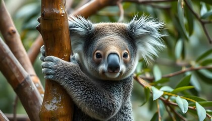 Fototapeta premium A captivating close-up of a koala resting comfortably on a tree trunk.