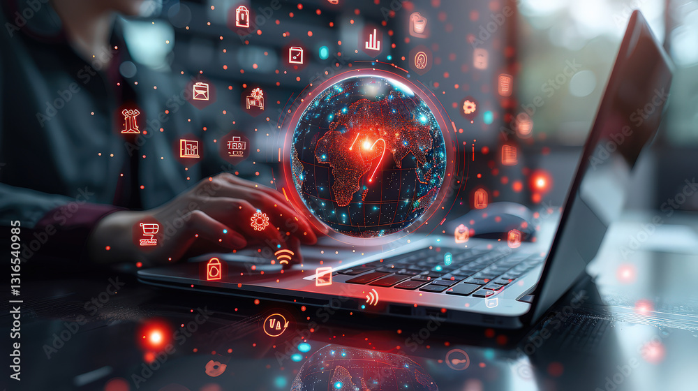 Aufkleber person using laptop with digital globe and futuristic icons representing technology and global connectivity. scene is illuminated with red and blue lights, creating modern and innovative