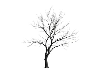 Lone deciduous tree, stark branches against pure white, silhouette, trunk
