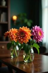 Orange purple green symmetrical dahlia on a dark wood table with fresh flowers, flowers, color scheme, dining decor