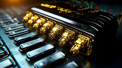 A close up view of a computer component with gold accents