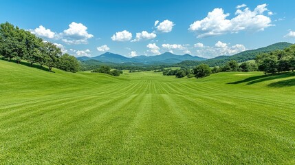 Obraz premium Panoramic View of a Vibrant Green Meadow and Distant Mountains Under a Bright Blue Sky with Fluffy White Clouds