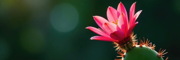 Fototapeta premium Prickly pink petals unfurl on a flowering cactus stem, succulent flower, exotic bloom, monstera deliciosa alternative