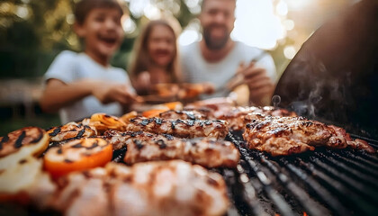 Family Grilling Outdoors On A Sunny Day