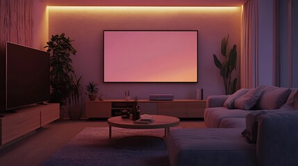 Modern minimalist living room with pink abstract art, cozy gray sofa, and wooden console


