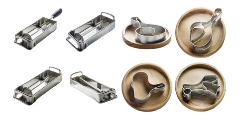 Collection of stainless steel kitchen tools including a grater and various shaped molds, perfect for baking and food preparation, isolated on a transparent background.