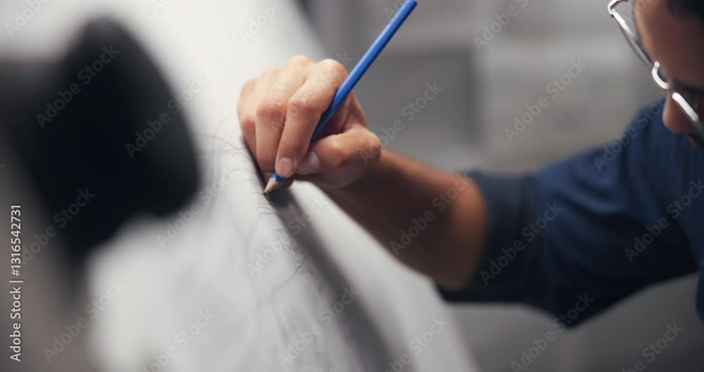 Poster architect, sketch and man with drawing at night for engineering design, blueprints and planning for 