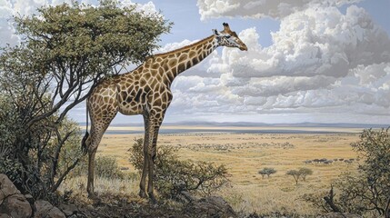 Obraz premium Giraffe on savanna overlooking vast African plains under a cloudy sky.