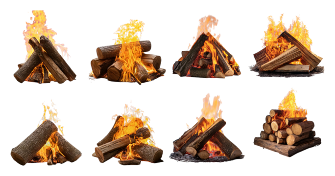 Variety of Campfires with Logs and Flames for Outdoor Scenes, Bundle Set Collection, Isolated on Transparent Background