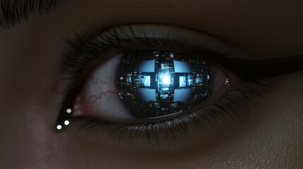 Naklejka premium Future vision: a close-up on cybernetic eye reflects technological world