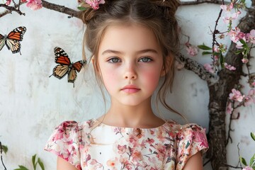 Fototapeta premium A young girl modeling floral spring dresses, posing in a garden with butterflies and blossoms