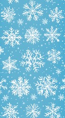 Seamless pattern of white snowflakes on a light blue background.