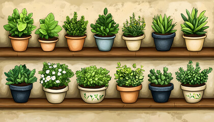 Two shelves display a variety of potted herbs and plants, offering a vibrant and lush indoor garden scene