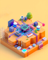 3d isometric technology concept, circuit board on orange background, vector illustration